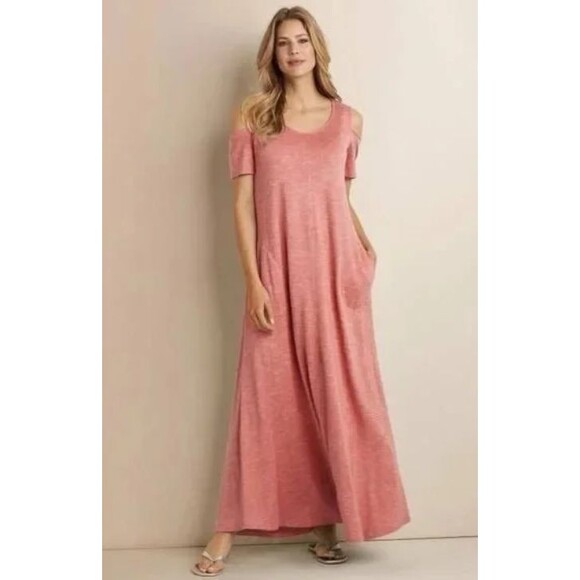 Soft Surroundings Maxi Dress Womens Medium Cold Shoulder Pockets Travel Vacation - Picture 1 of 6